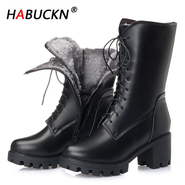 

habuckn 2020 new winter women fashion mid calf boots natural full cowhide platform high heel woman boots wool banquet, Black