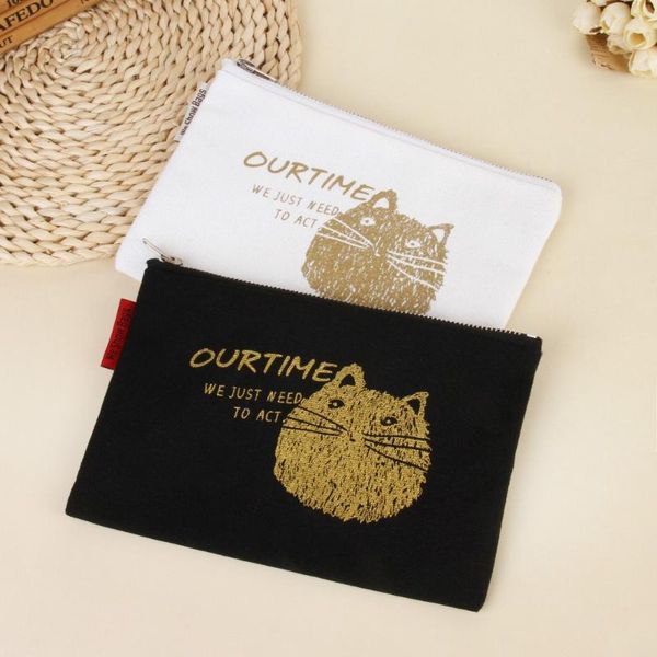 

1pc cotton canvas handbag envelope zippered bag print cat our time 3014