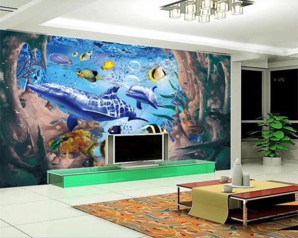 Pintura Fundo 3D Wallpaper Modern Fantasia 3D Dolphin Underwater World TV Wall decorativa 3D Wallpaper Mural