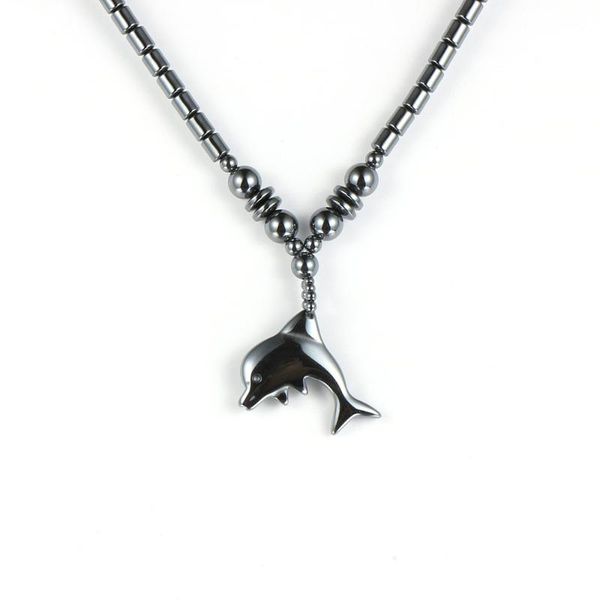 

men women black hematite dolphin pendant necklace animal charm clavicle chain copper screw buckle natural stone choker jewelry, Silver