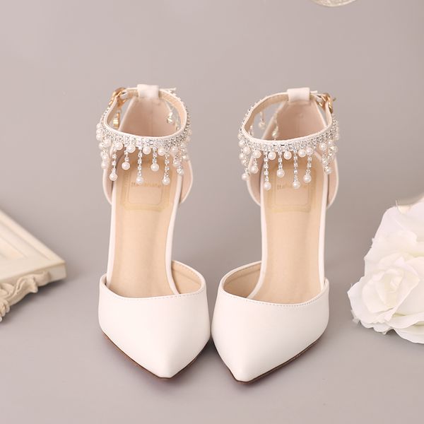

spring and summer new style baotou hollow stiletto high heels pearl pendant wristband one word buckle female sandals pointed toe, Black