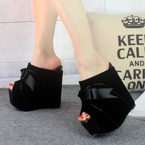 

17cm super high heel wedge hate day high shoes women wedge heel slippers 18cm nightclub model catwalk sandals, Black