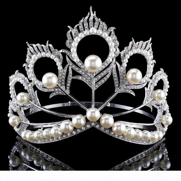 

new arrival big size 2017 miss universe same crown full round adjustable silver pearl peakcock feather tiara pageant s919, Slivery;golden