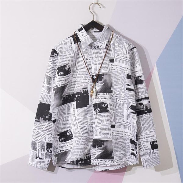

2020 men street wear summer shirt casual newspaper printed shirt hawaii beach long sleeve shirts harujuku male blouse camisa, White;black
