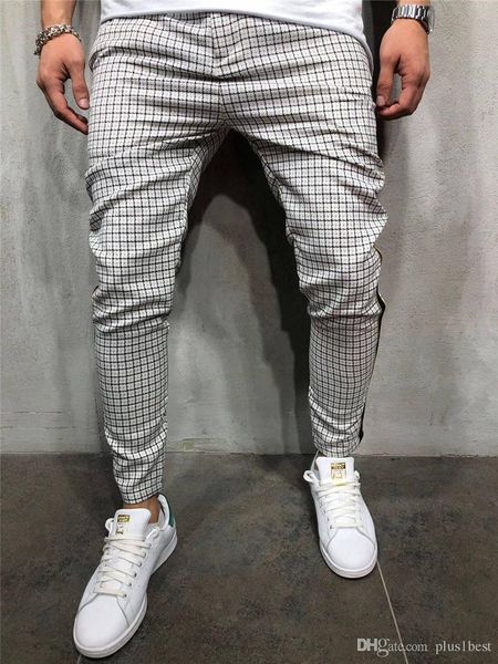 

mens designer plaid pants spring summer full length mid waist clothing drawstring pencil pants with pockets, Black