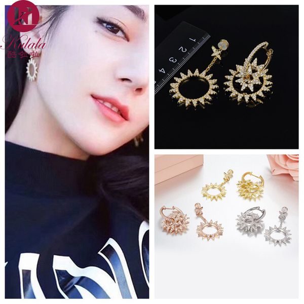 

european and american ladies banquet party creative new temperament gold inlaid zircon asymmetrical hollow sun pendant earrings female, Golden;silver