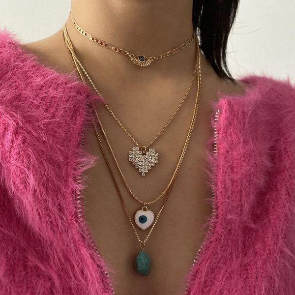 

retro 4pcs muliti layer chain necklace heart eyes stone cz pendent necklace geometric gold chain pretty party jewelry, Silver