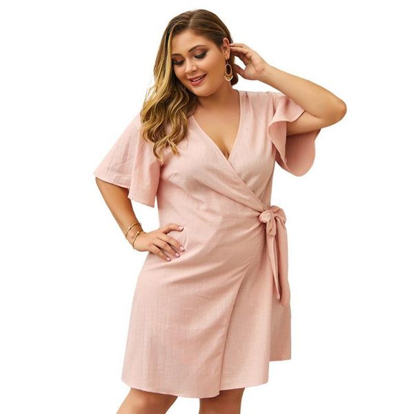 

whzhm pink dresses ladies sashes deep v-neck short sleeve loose big size plus size 3xl 4xl xl 2xl vestidos dress women clothes, Black;gray