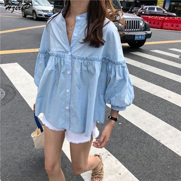 

solid womens light blue sweet shirt girls 2020 new summer loose casual lantern sleeve single breasted blouse blusas, White
