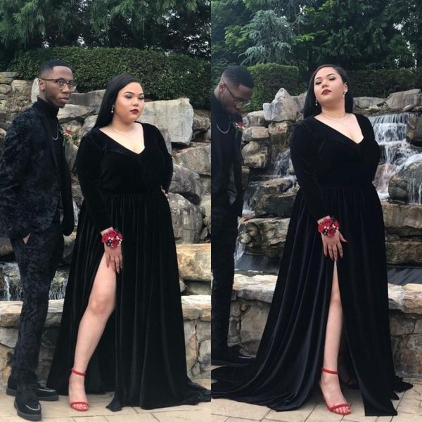 

2020 Sexy Plus Size African Black Velvet Long Prom Dresses Full Sleeve Formal Evening Gowns Side Split Party Gala Dress Cheap Robe de soirée