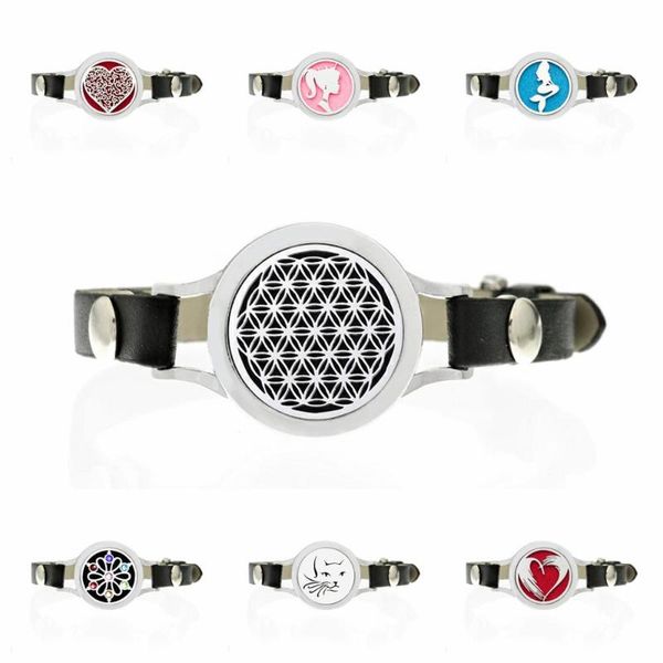 

25mm tree lotus flower of life aroma essential oil diffuser charm bracelet women twist pu leather bracelet 7 colors can choose, Golden;silver