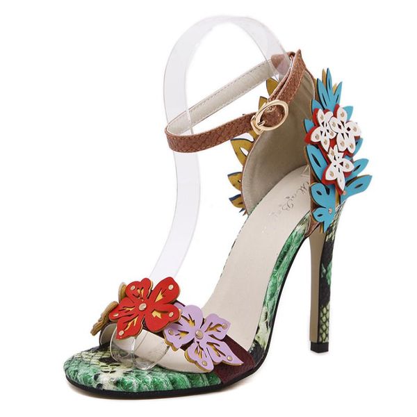 

summer open-toed women's shoes color flower high-heeled shoes belt buckle thin-heeled women's sandals, Black