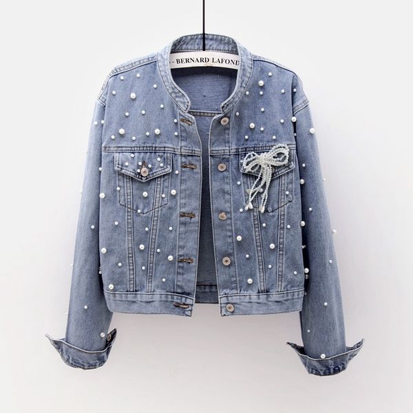 

spring autumn new short beading denim jacket women casual coat big size slim jeans jacket female harajuku stand collar outerwear, Black;brown