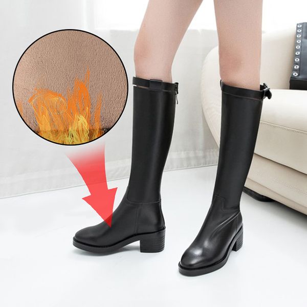 

boots plus size 34-43 woman genuine leather square heel knee-high classic fashion zip ladies party dress shoes, Black