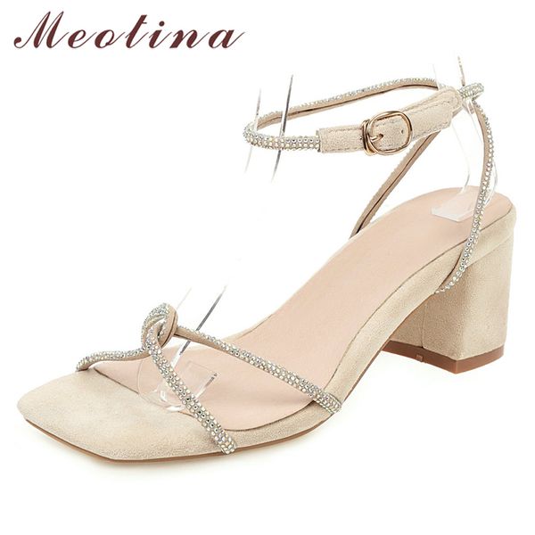 

meotina summer sandals women shoes rhinestone thick high heel ankle strap shoes buckle cross-tied open toe sandals lady size 46 0922, Black