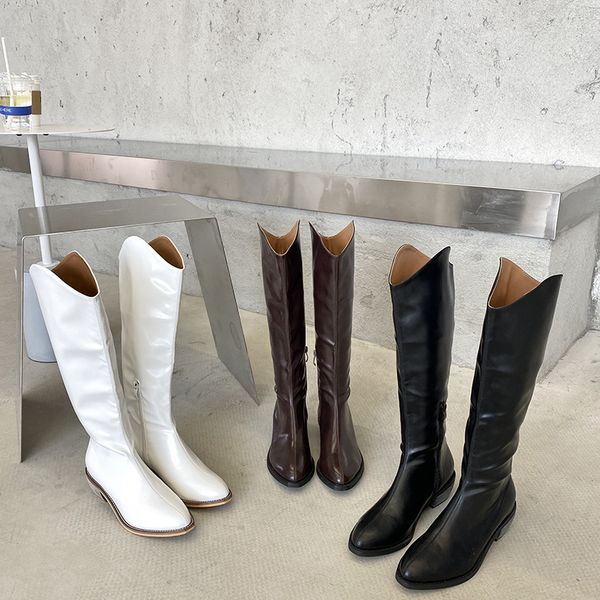 

boussac wood heel solid long knee boots women pointed toe cowboy western boots women vintage designer shoes, Black