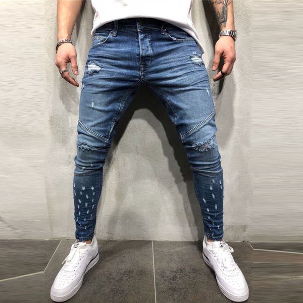 

skinny blue jeans men autumn vintage denim pencil pants casual stretch trousers 2020 hole ripped male zipper jeans -3xl
