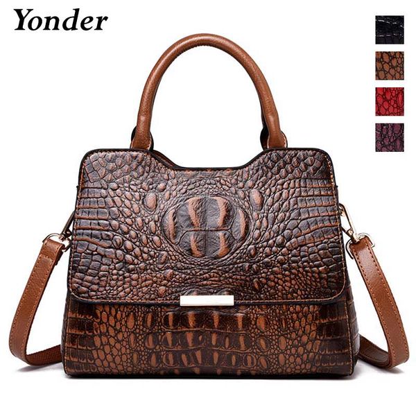 

yonder women handbag genuine leather tote bag ladies shoulder messenger bags female alligator prints handle bag black/yellow