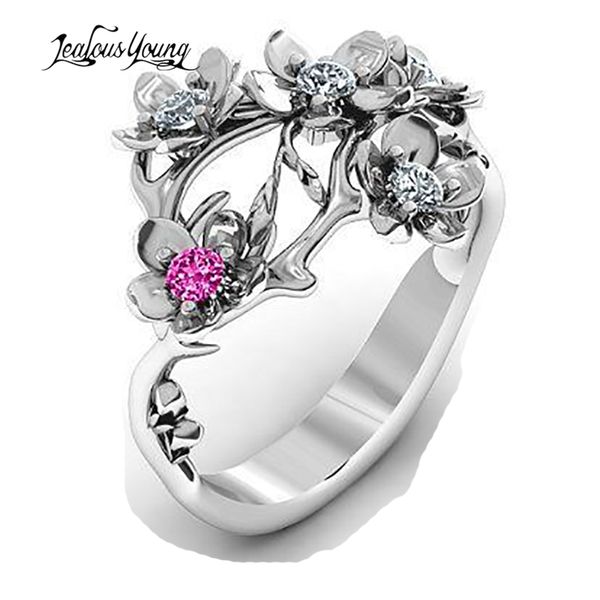 

2020 exquisite flower women wedding rings for female luxury red zirconia engagement ring jewelry accessories gift, Golden;silver