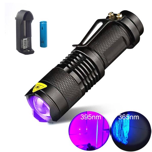 

365nm uv led torch uv light waterproof 3 modes zoomable rechargeable battery lantern portable light