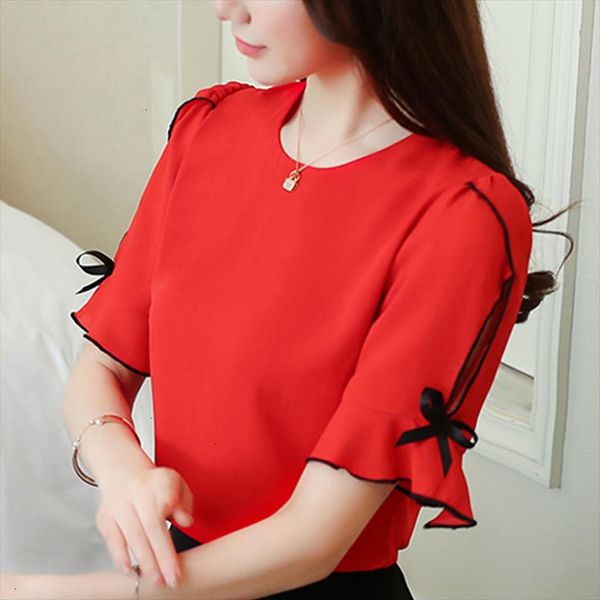 

summer women blouse shirt fashion 2020 bow short sleeve chiffon womens clothing sweet o neck red feminine blusas d621 30, White