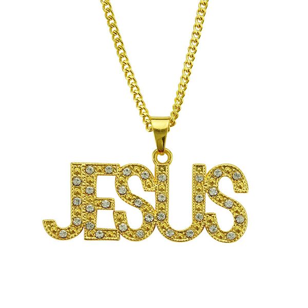 

new hip hop fashion jesus letter bling pendant necklaces for women men cuban chain jewelry gift, Silver