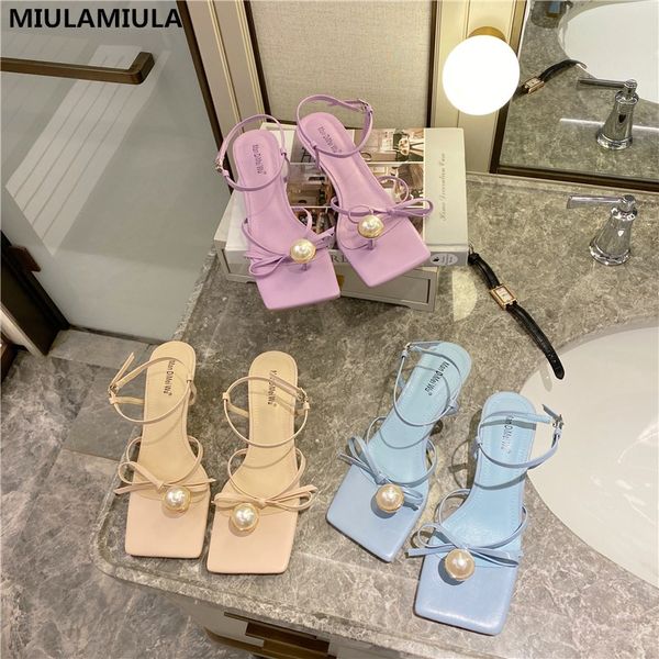 

miulamiula brand design 2020 summer luxury pearl narrow band women sandals party casual thin heels normal size for holiday, Black