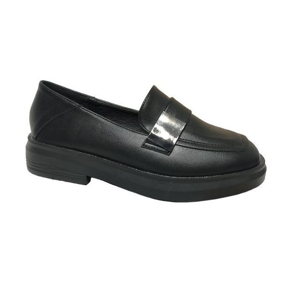 

oxfords autumn shoes for women solid leather flats slip-on retro shoes thick bottom platform metal buckle casual woman, Black