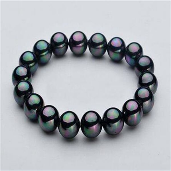 

12mm naturel noir mer du sud coquille perles rondes bracelet extensible 7.5", Black