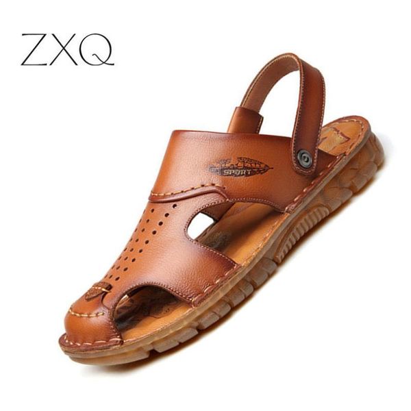 

2020 new genuine leather men's sandals shoes summer casual comfortable male footwear sandalias fashion hollow out design, Black