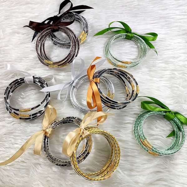 

flatfoosie 5 pcs/set fashion silicone jelly bangle bracelets for women girls leopard leather filled friendship bracelets jewelry, Black
