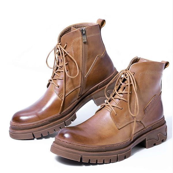 

5 cm heels men lace up work and safety boots soliders fashion zip ankle boots man winter leather height increasing shoes, Black