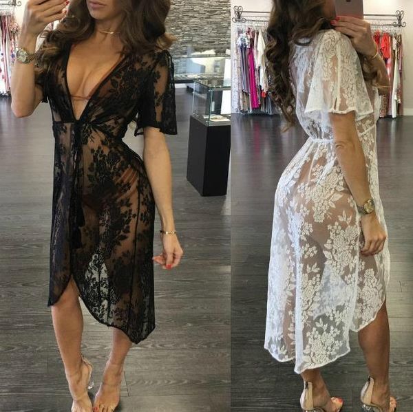 

dress women black white lace floral dresses deep v-neck see through female clothing summer beach smock, Black;gray
