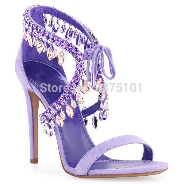 

luxury diamond crystal sandals embellished fringed suede gladiator women ankle cross stiletto high heels pink women party pumps, Black
