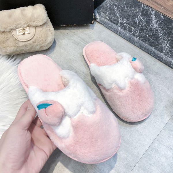 

fashion girl fruit plush furry winter warm slippers women lovely furry warm shoes indoor non-slip cotton slides flip flops, Black