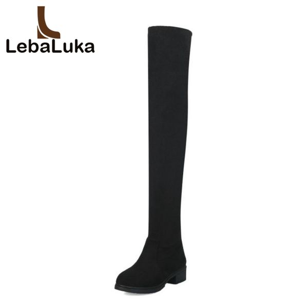 

tuyoki 5 color women thigh high boots leopard warm fur shoes woman winter flats long boots round toe shoes size 34-43, Black