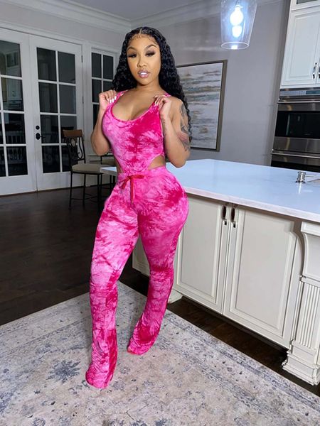 

womens fashion casual dye tie print two piece set sleeveless tank bodysuit and long stacked flare pants, White