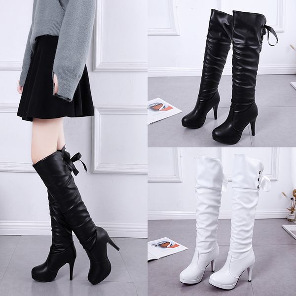 

pu soft leather over knee high heels boots platform warm plush woman 's winter long boots zapatos mujer black white