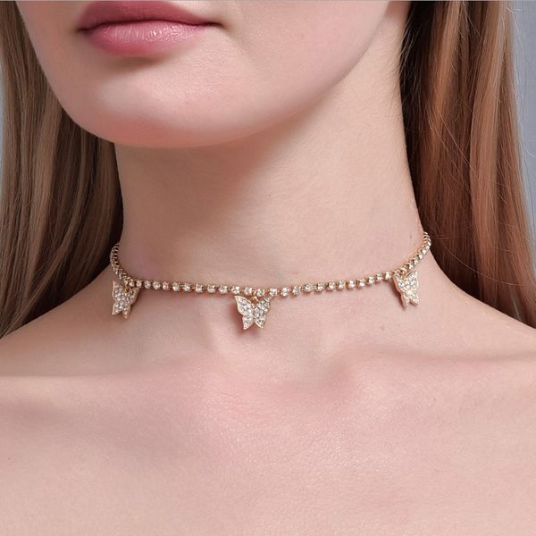 

gold color choker necklace for women 1 layer crystal butterfly pendant chain necklaces & pendants velvet chokers fashion jewelry, Golden;silver