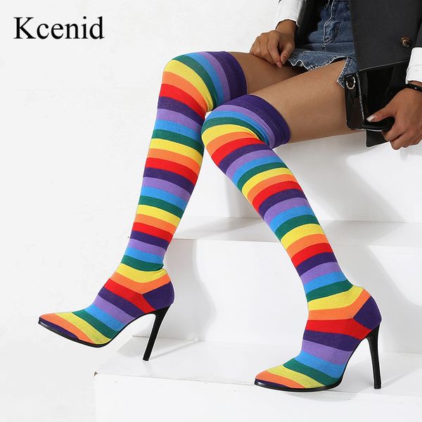 

kcenid 2021 winter knitting over the knee boots women stretch high heel slip on colorful shoes pointed toe woman long boots, Black