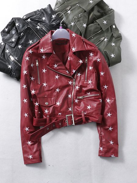 

fashion brand short style stars pattern embroidery pu leather jackets female elegant zipper beading leather jacket wq1086, Black