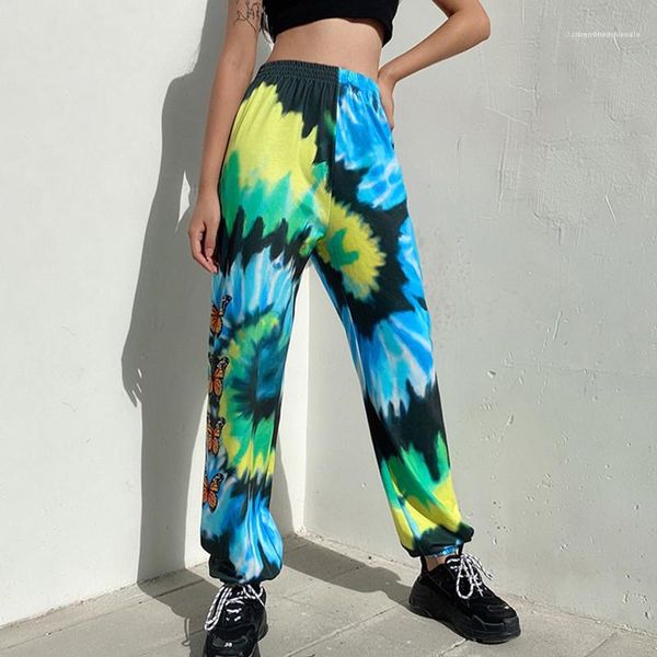 

dye butterfly printed elastic waist street style trousers fashion female clothing summer womens designer casual pants tie, Black;white