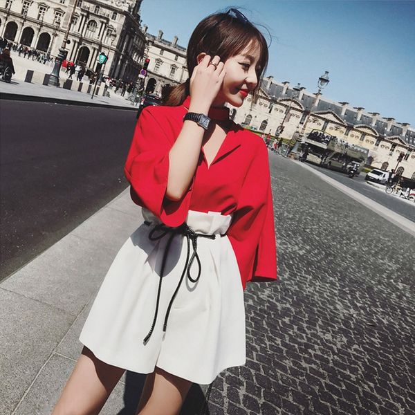 

# 648 летних новые высокая талия из двух частей широких ног брюки корейского стиля женщин широких ног брюки изящных мод костюм летних моды к, Gray