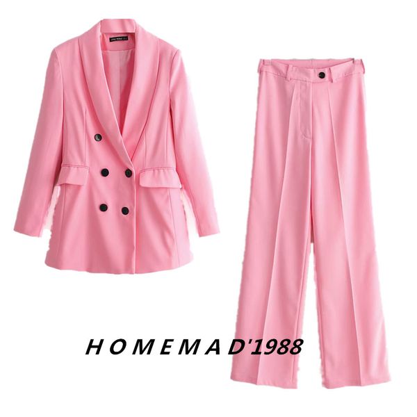 

pink color pants suits women fashion long sleeve jacket long wide leg pants women double breaste suits female ladies, White