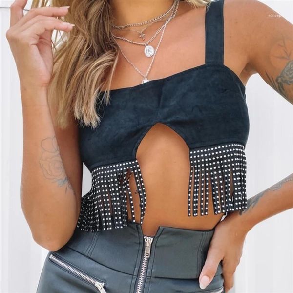 

выдалбливают crop tops вскользь тонкий естественный цвет camis женская одежда женская дизайнерская кисточкой алмазное camis sexy, White