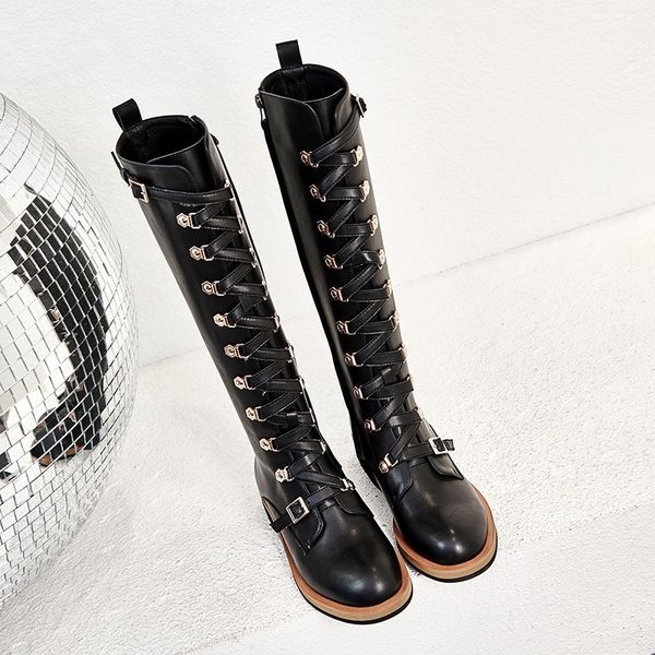 

british solid round toe belt buckle corss tied womens high boots fashion winter genuine leather side zip female knight boots, Black