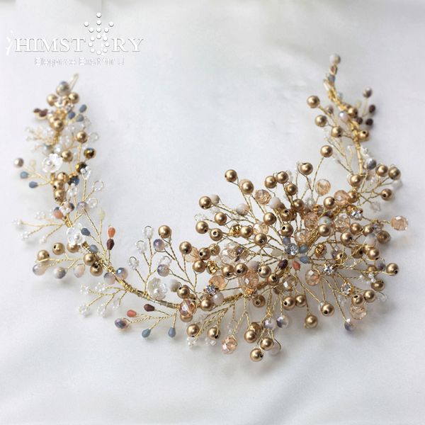

himstory gorgeous handmade gold pearl hairband long bending beaded crystal bridal wedding headpiece hair accessories, White;golden