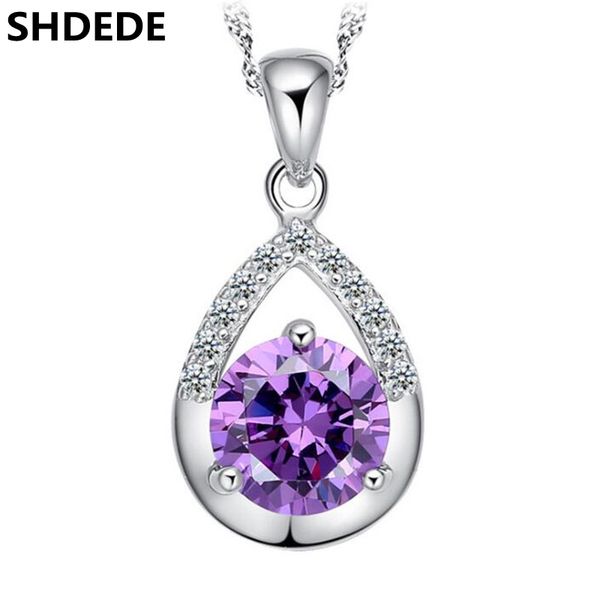 

shdede cz crystal from purple water drop pendant necklace for women cubic zirconia fashion jewelry gift +*0019, Silver