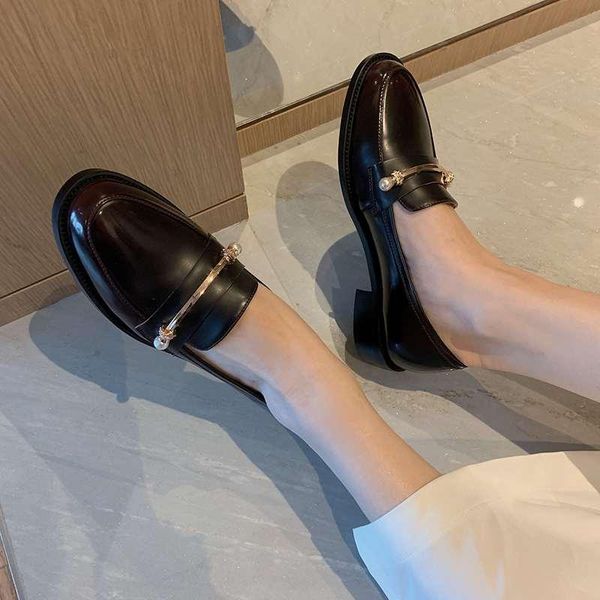 

big size cow leather pearl loafers preppy style women pumps round toe med heel office lady slip on spring shoes 2f1, Black