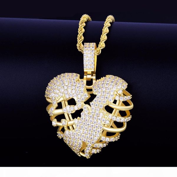 

gold broken skeleton heart pendant necklace with 3mm rope chain cubic zircon men's hip hop rock jewelry, Silver